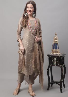 Brown Embroidered Chanderi Salwar Kameez With Dupatta