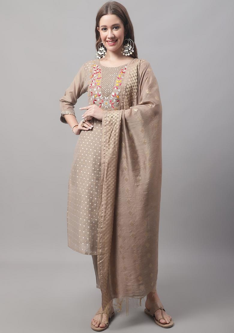 Brown Embroidered Chanderi Salwar Kameez With Dupatta