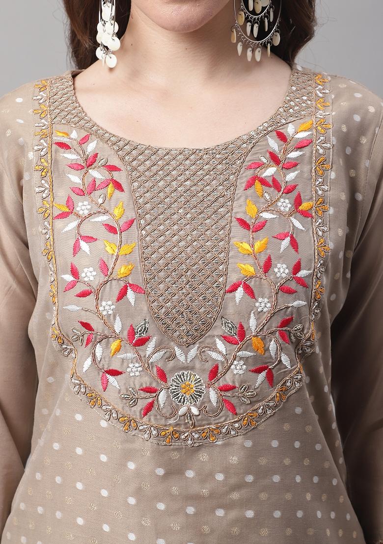 Brown Embroidered Chanderi Salwar Kameez With Dupatta