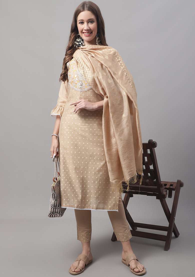 Chicku Brown Embroidered Chanderi Straight Kurta Set - Indya