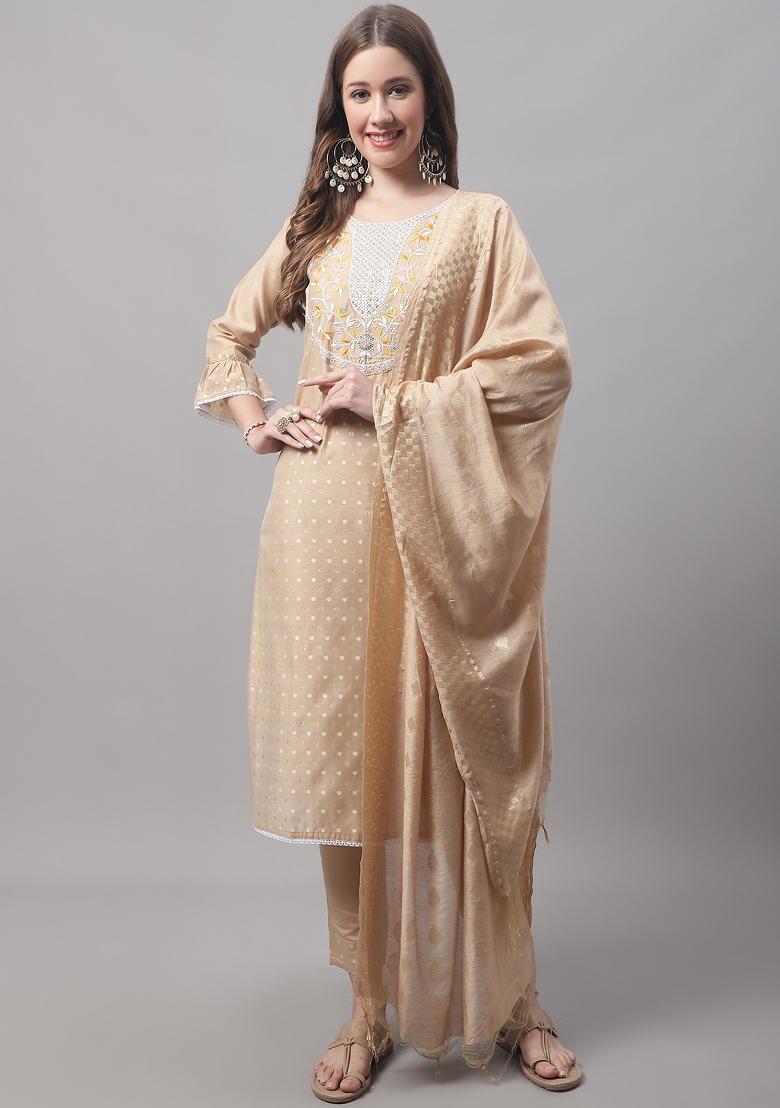 Chicku Brown Embroidered Chanderi Salwar Kameez With Dupatta