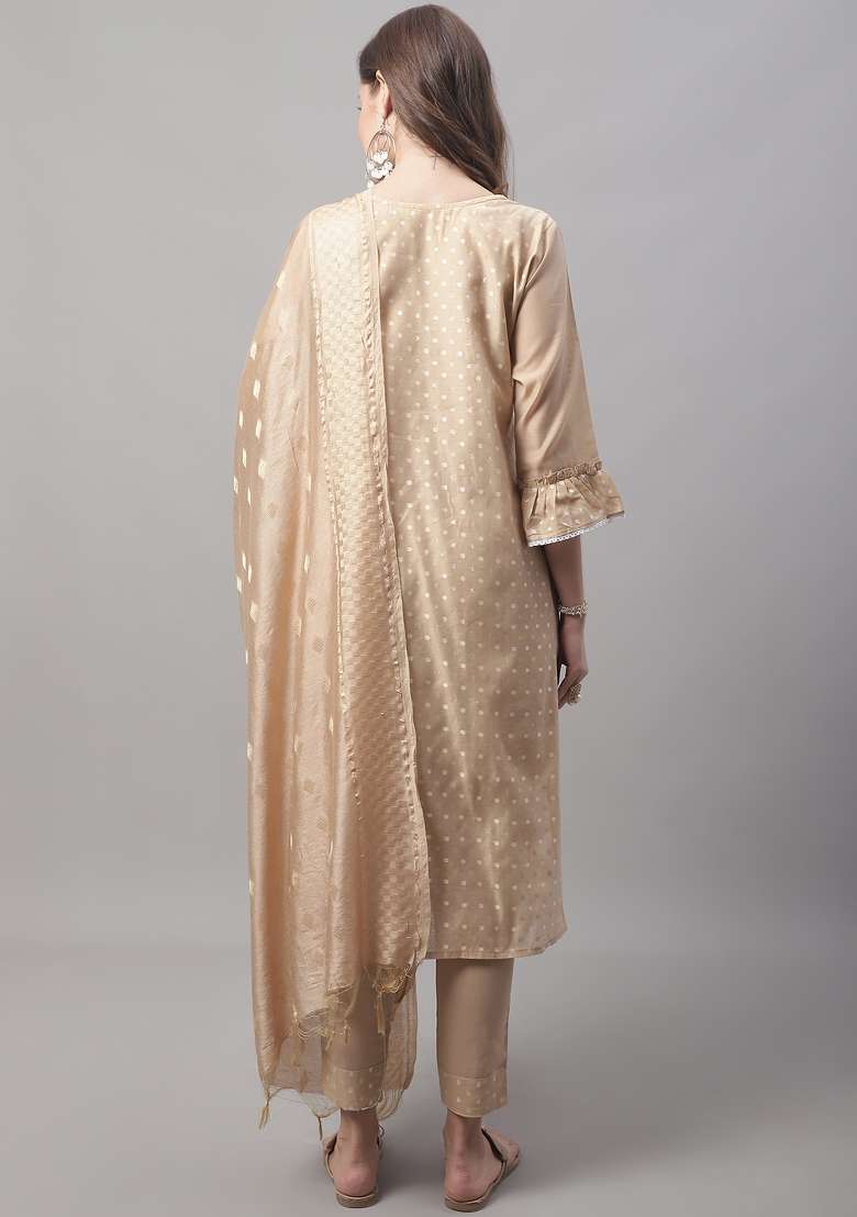 Chicku Brown Embroidered Chanderi Straight Kurta Set - Indya