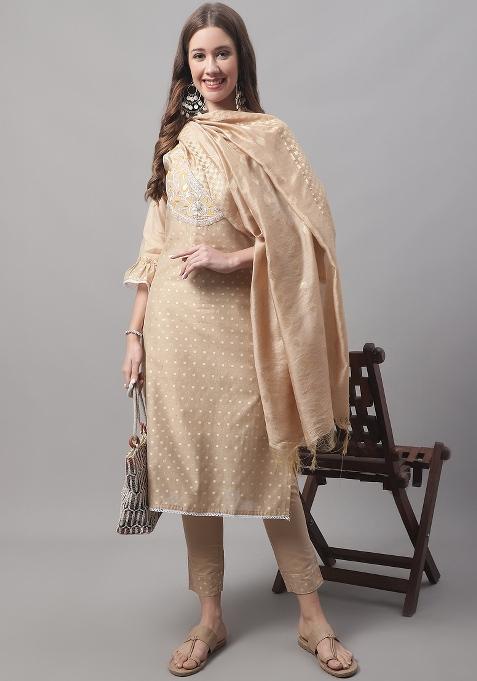 Chicku Brown Embroidered Chanderi Straight Kurta Set