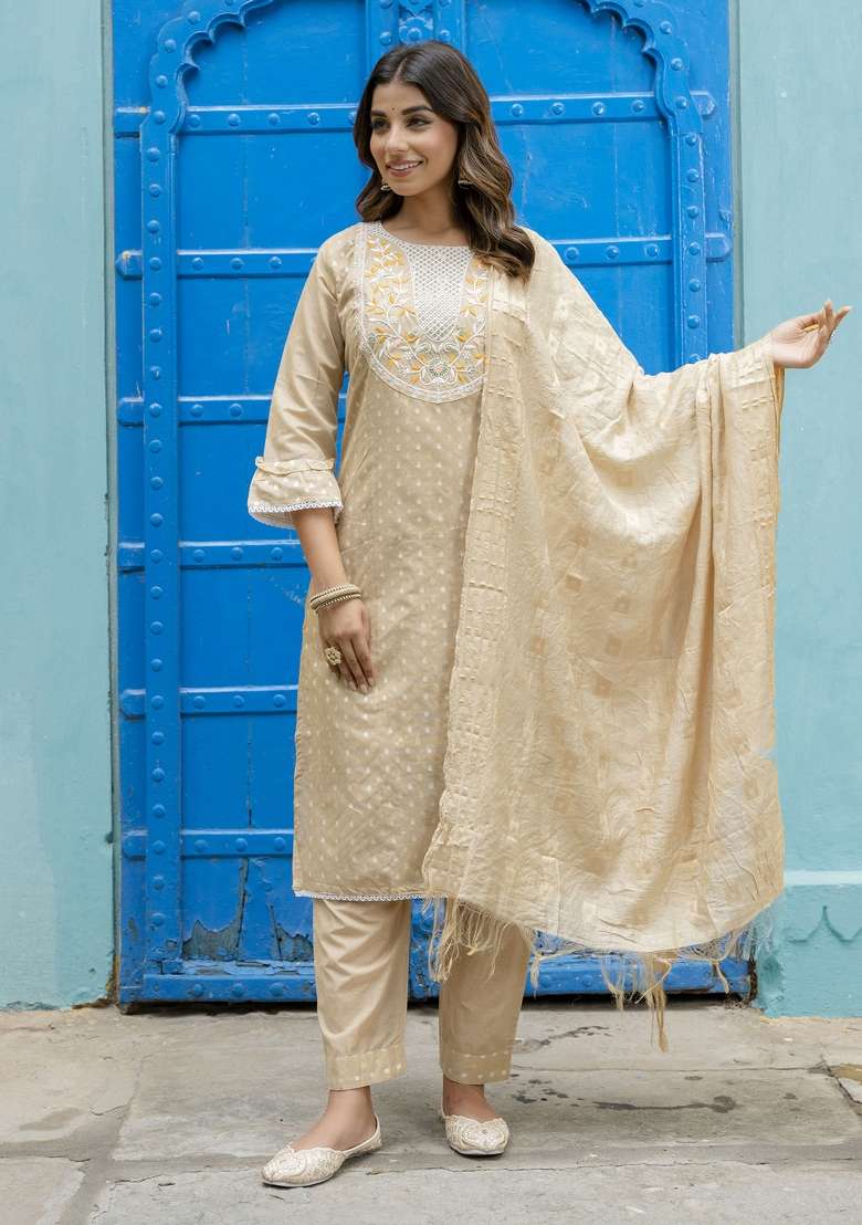 Chicku Brown Embroidered Chanderi Straight Kurta Set - Indya