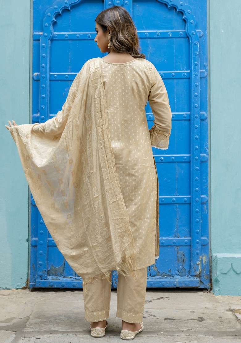 Chicku Brown Embroidered Chanderi Straight Kurta Set - Indya