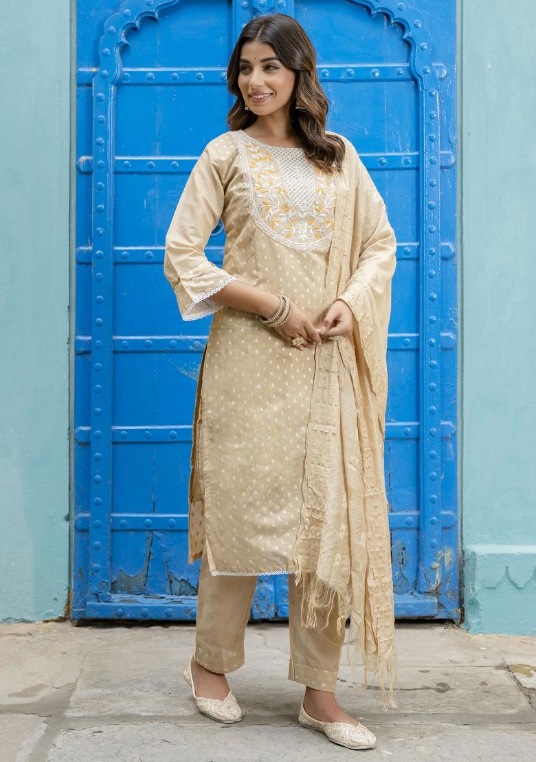 Chicku Brown Embroidered Chanderi Salwar Kameez With Dupatta