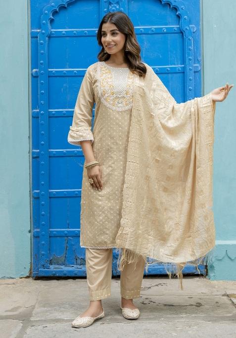 Chicku Brown Embroidered Chanderi Salwar Kameez With Dupatta