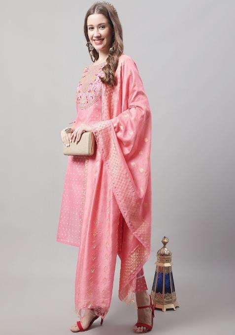 Gajri Pink Embroidered Chanderi Salwar Kameez With Dupatta