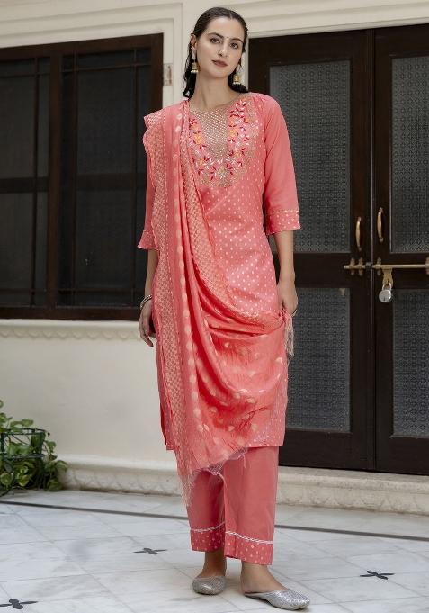 Gajri Pink Embroidered Chanderi Salwar Kameez With Dupatta