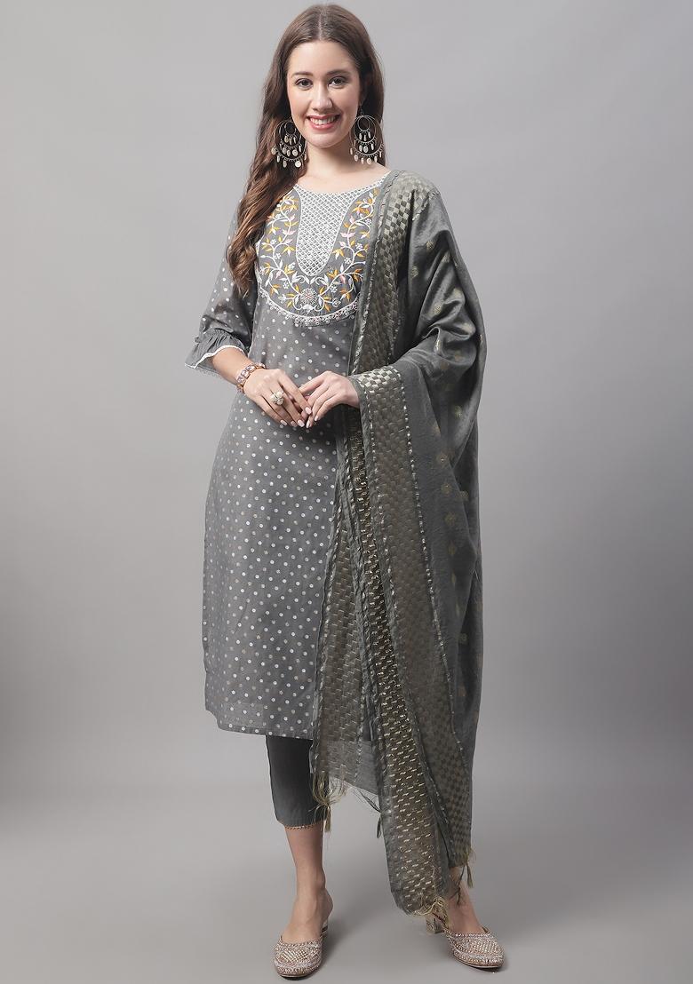 Grey Embroidered Chanderi Salwar Kameez With Dupatta