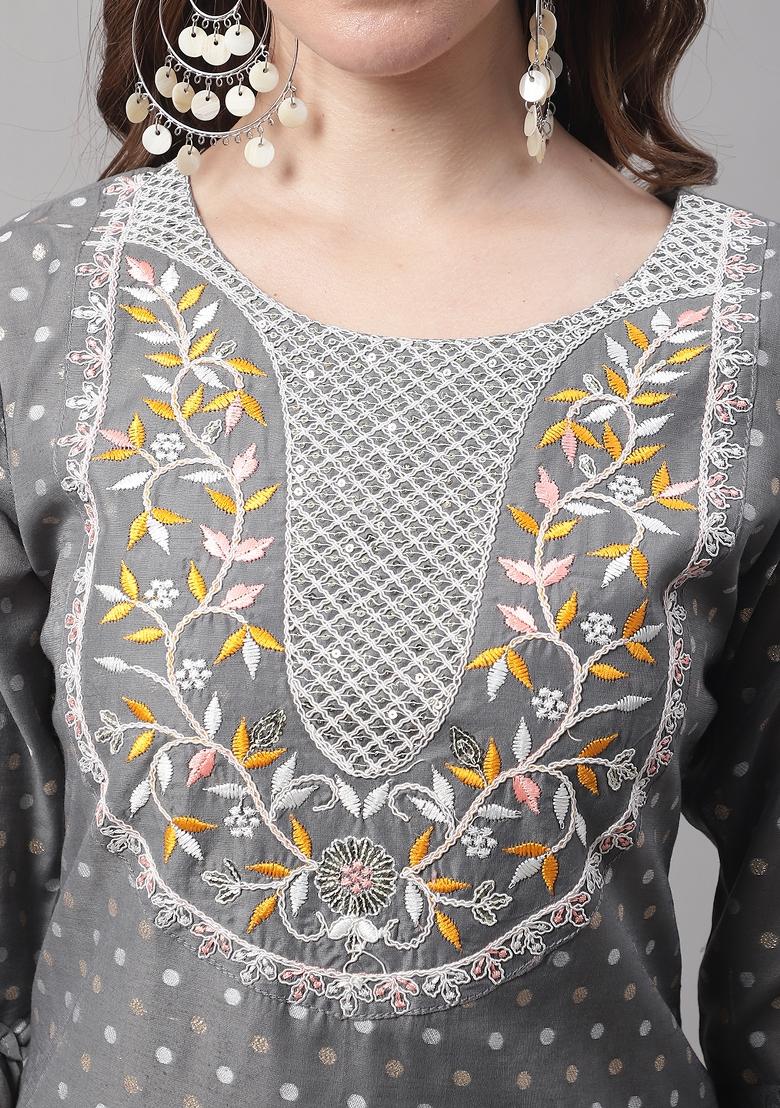 Grey Embroidered Chanderi Salwar Kameez With Dupatta