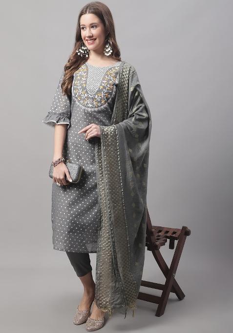 Grey Embroidered Chanderi Salwar Kameez With Dupatta
