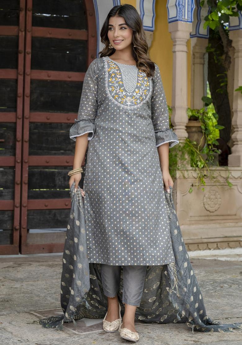 Grey Embroidered Chanderi Salwar Kameez With Dupatta