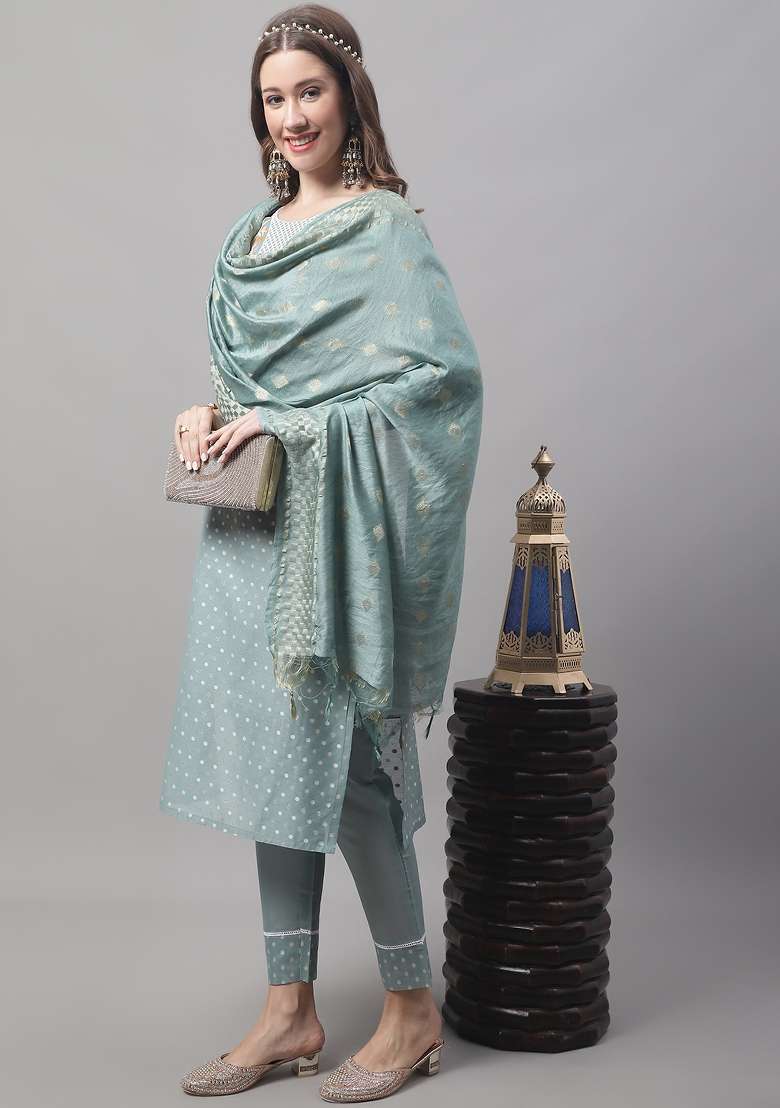 Blue Embroidered Chanderi Straight Kurta Set - Indya