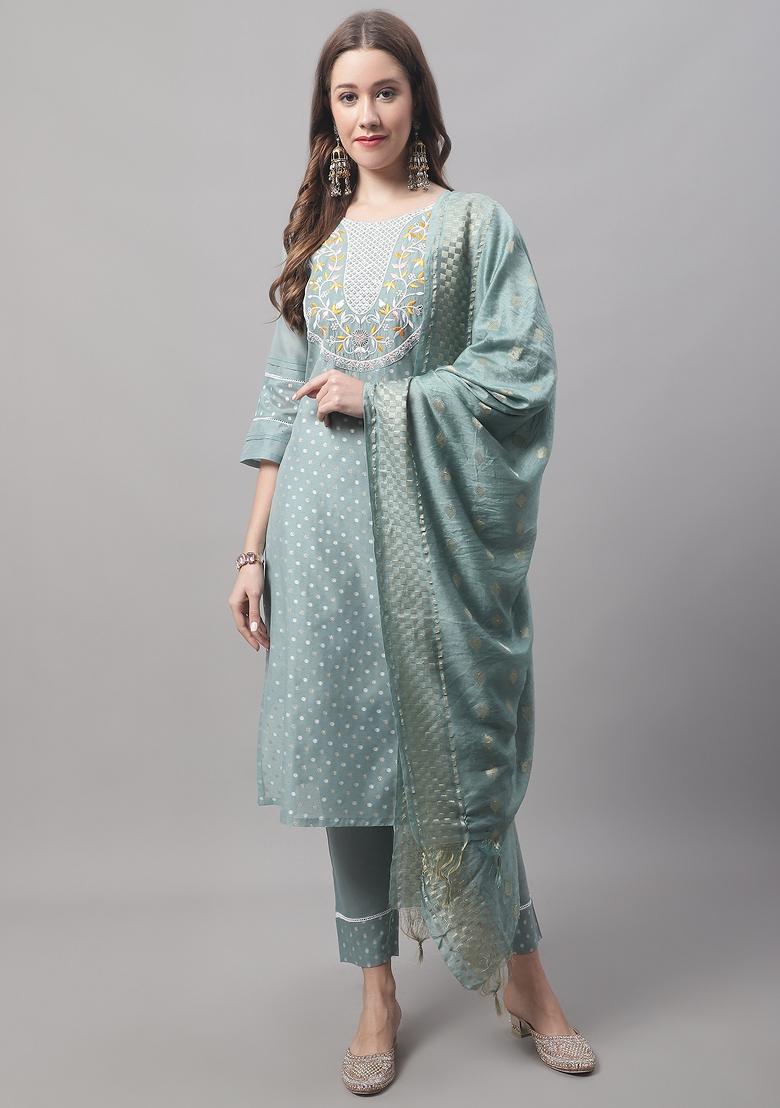 Blue Embroidered Chanderi Salwar Kameez With Dupatta
