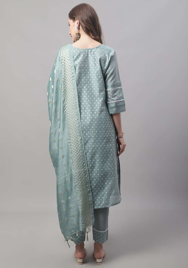 Blue Embroidered Chanderi Straight Kurta Set - Indya