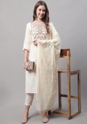 White Embroidered Chanderi Salwar Kameez With Dupatta