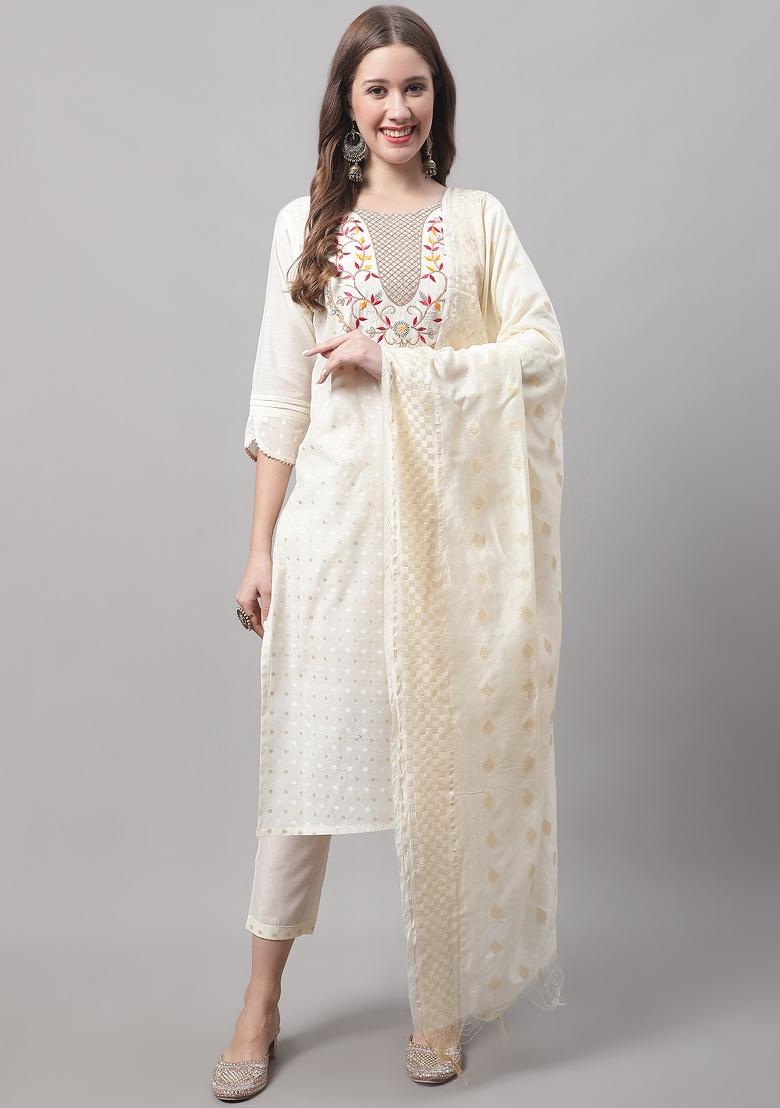 White Embroidered Chanderi Salwar Kameez With Dupatta