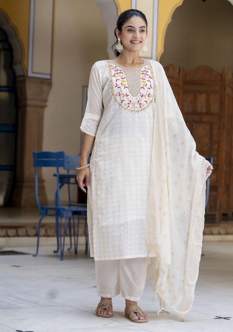 White Embroidered Chanderi Salwar Kameez With Dupatta