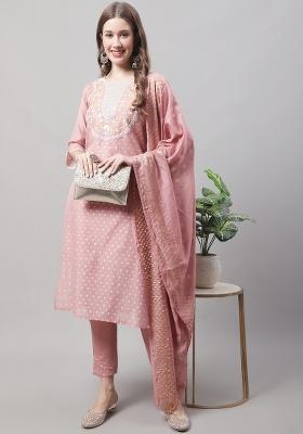 Peach Embroidered Chanderi Salwar Kameez With Dupatta