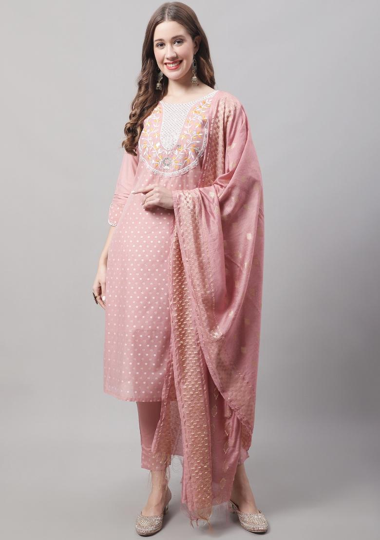 Peach Embroidered Chanderi Salwar Kameez With Dupatta