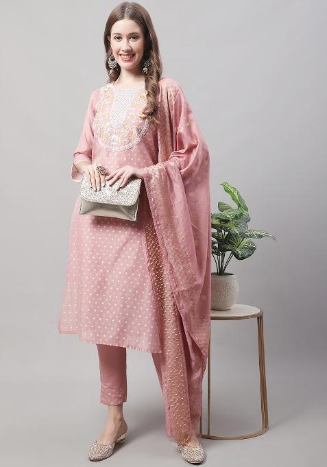 Peach Embroidered Chanderi Salwar Kameez With Dupatta