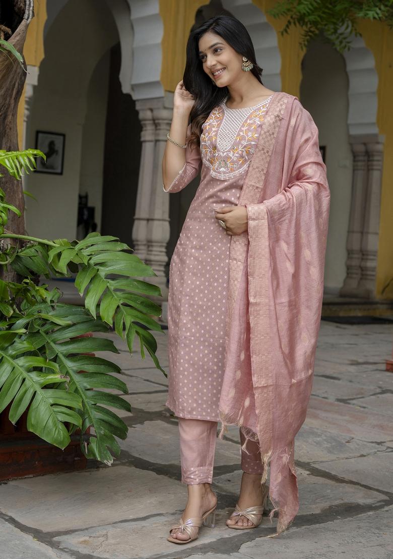 Peach Embroidered Chanderi Salwar Kameez With Dupatta