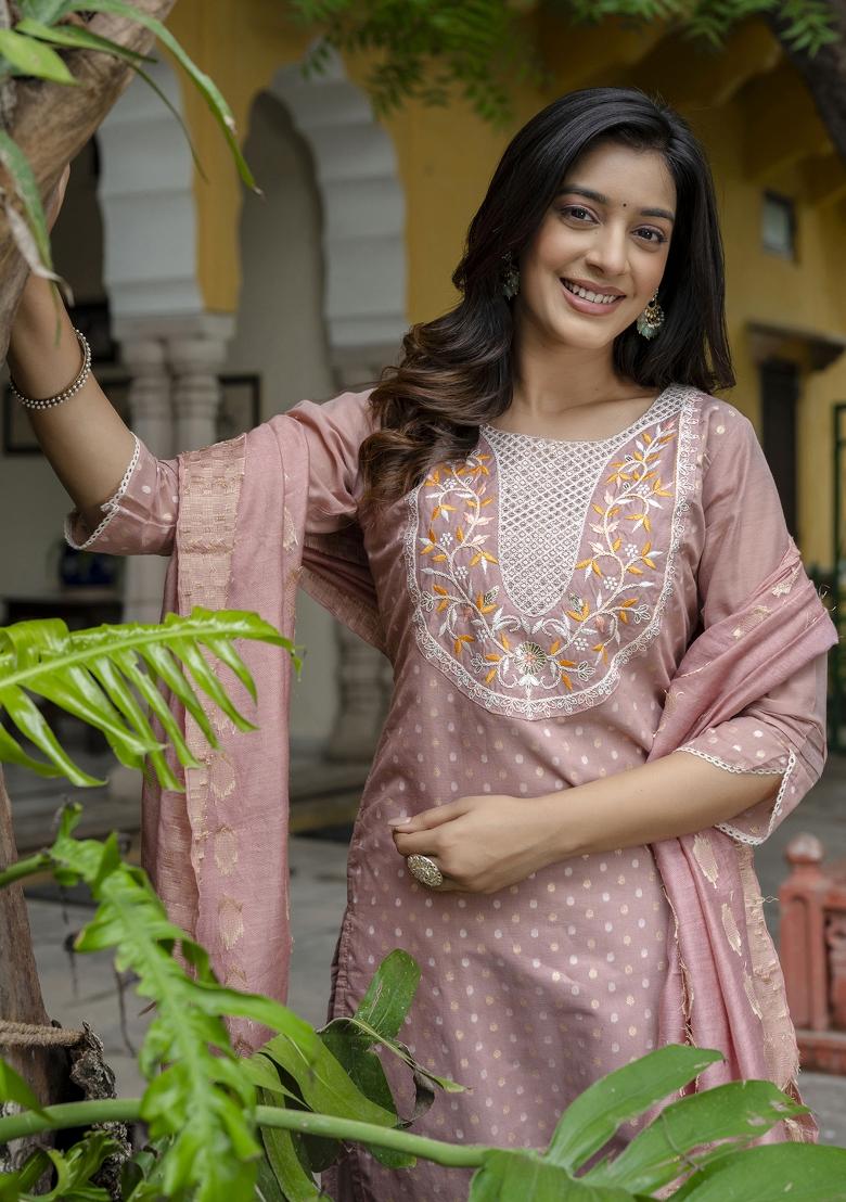 Peach Embroidered Chanderi Salwar Kameez With Dupatta