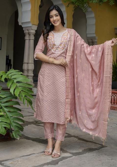 Peach Embroidered Chanderi Salwar Kameez With Dupatta