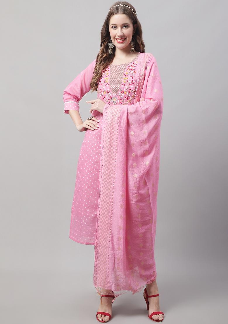 Pink Embroidered Chanderi Salwar Kameez With Dupatta