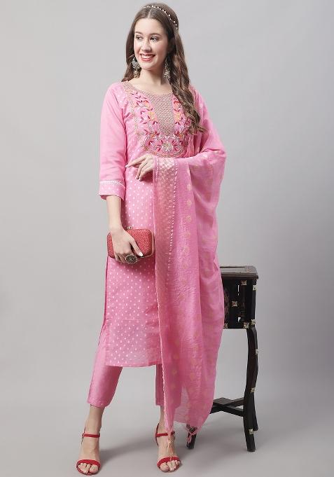 Pink Embroidered Chanderi Salwar Kameez With Dupatta