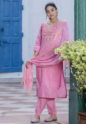 Pink Embroidered Chanderi Salwar Kameez With Dupatta