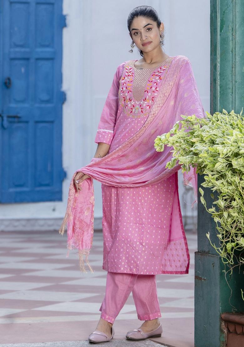 Pink Embroidered Chanderi Salwar Kameez With Dupatta