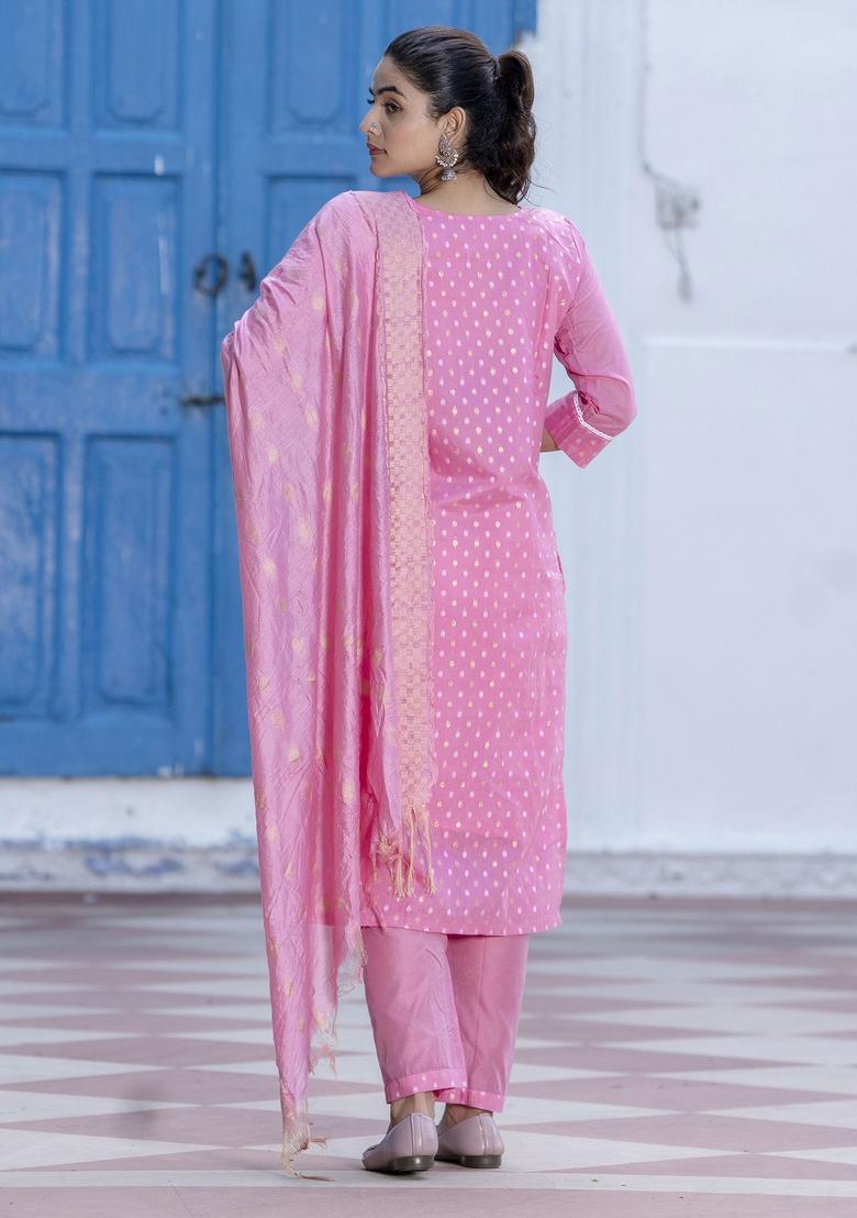 Pink Embroidered Chanderi Salwar Kameez With Dupatta