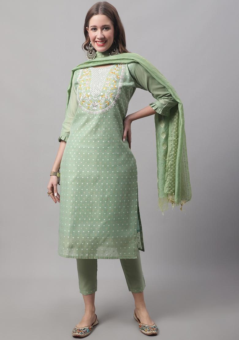 Pista Green Embroidered Chanderi Salwar Kameez With Dupatta