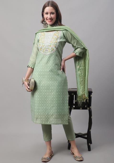 Pista Green Embroidered Chanderi Straight Kurta Set