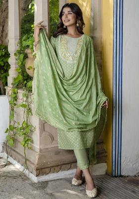 Pista Green Embroidered Chanderi Salwar Kameez With Dupatta