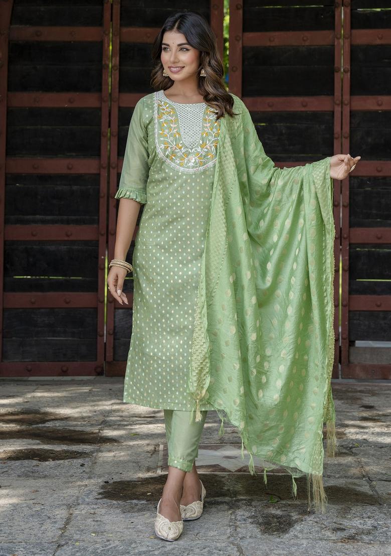Pista Green Embroidered Chanderi Salwar Kameez With Dupatta