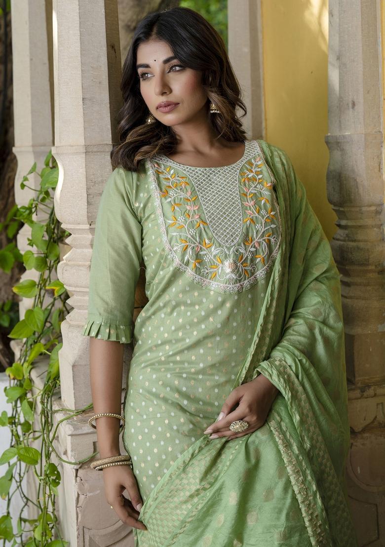 Pista Green Embroidered Chanderi Salwar Kameez With Dupatta