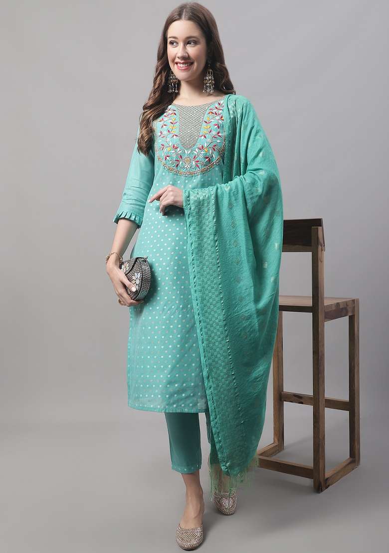 Blue Embroidered Chanderi Straight Kurta Set - Indya
