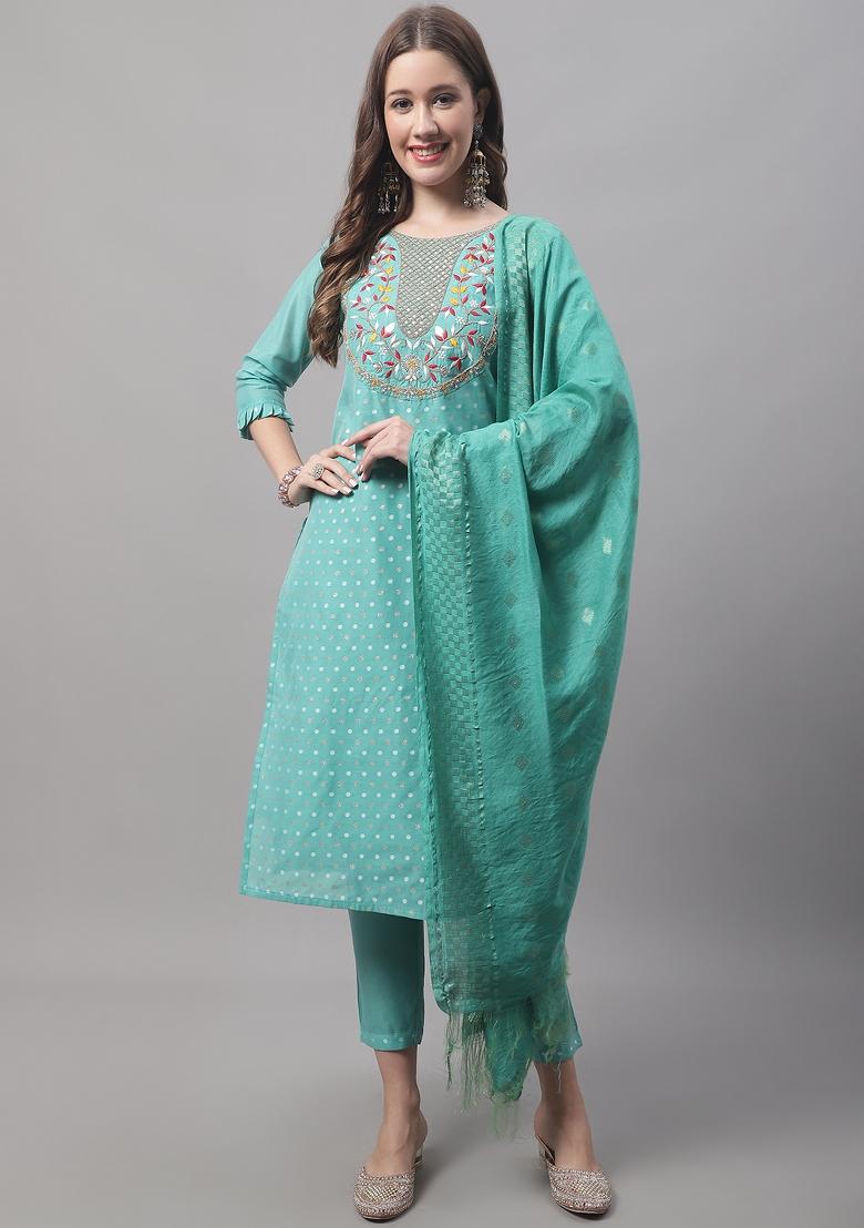Blue Embroidered Chanderi Salwar Kameez With Dupatta