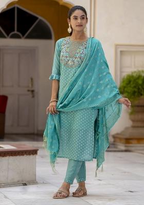 Blue Embroidered Chanderi Salwar Kameez With Dupatta