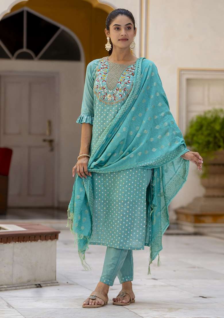 Blue Embroidered Chanderi Straight Kurta Set - Indya