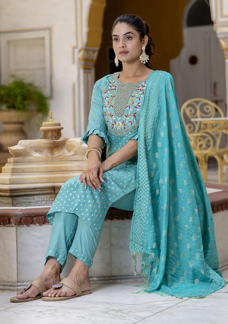 Blue Embroidered Chanderi Salwar Kameez With Dupatta