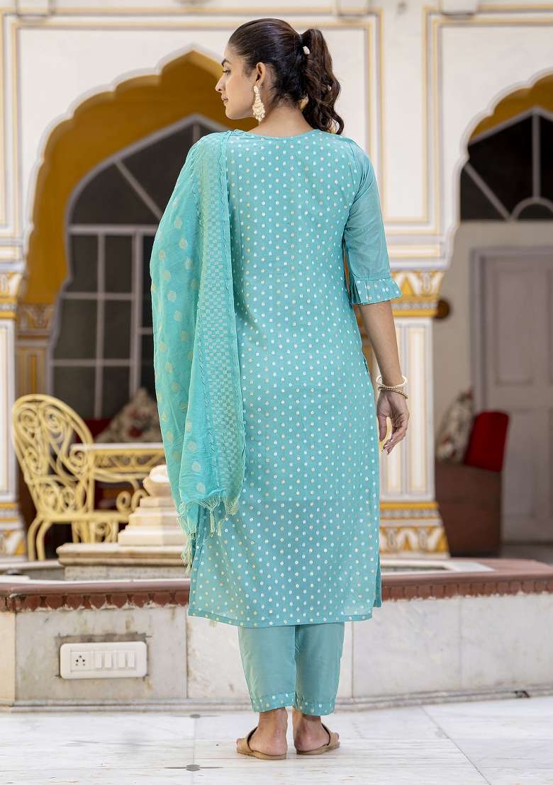 Blue Embroidered Chanderi Straight Kurta Set - Indya