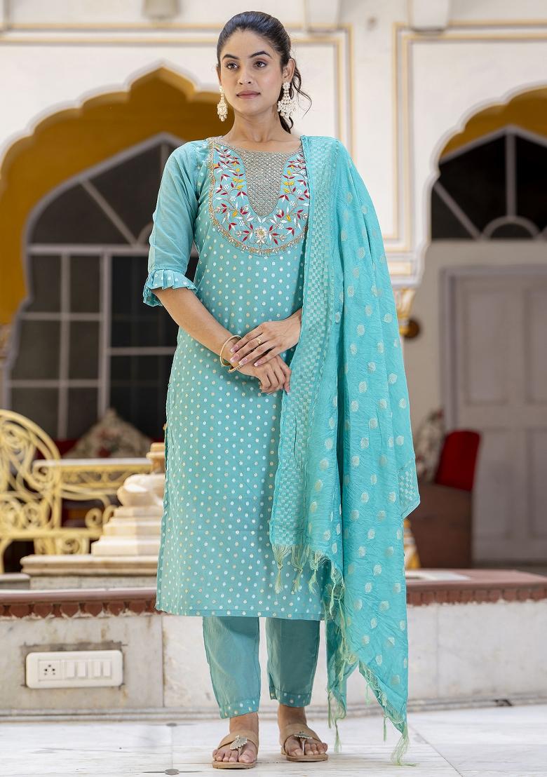 Blue Embroidered Chanderi Salwar Kameez With Dupatta