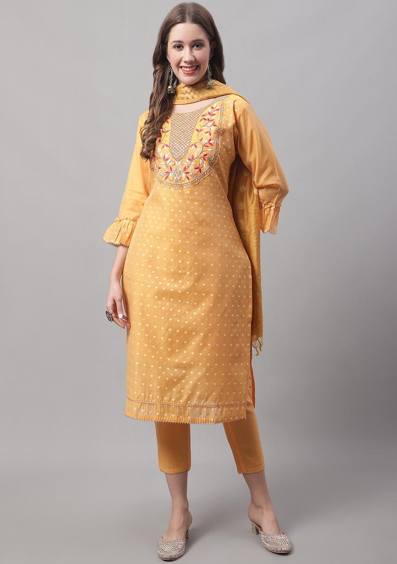 Yellow Embroidered Chanderi Salwar Kameez With Dupatta