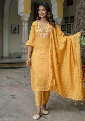 Yellow Embroidered Chanderi Salwar Kameez With Dupatta