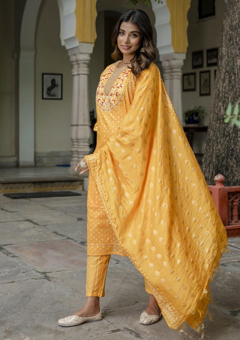 Yellow Embroidered Chanderi Salwar Kameez With Dupatta