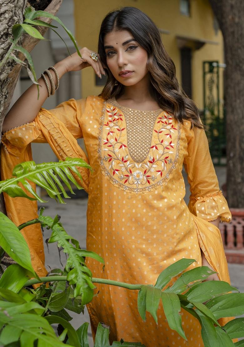 Yellow Embroidered Chanderi Salwar Kameez With Dupatta